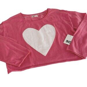 SO Juniors Pink Heart Cropped Sweater Size M Soft White Heart Coral Pink NWT